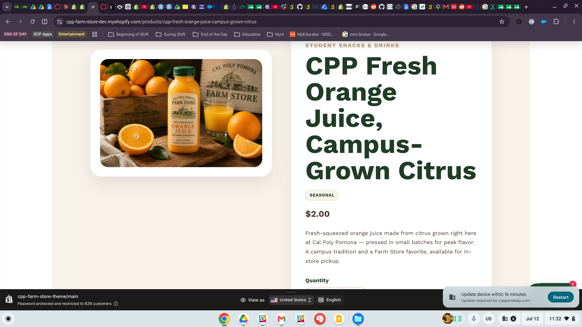 The new CPP Fresh Orange Juice product page on the dev store storefront.